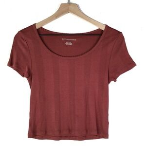 American Eagle Textured Stripe Baby‎ Tee S Cropped Rust Raisin Brown